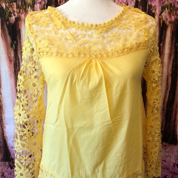 BOHO STYLE LIGHT LACED LONG SLEEVE YELLOW TOP SM - Picture 5 of 8